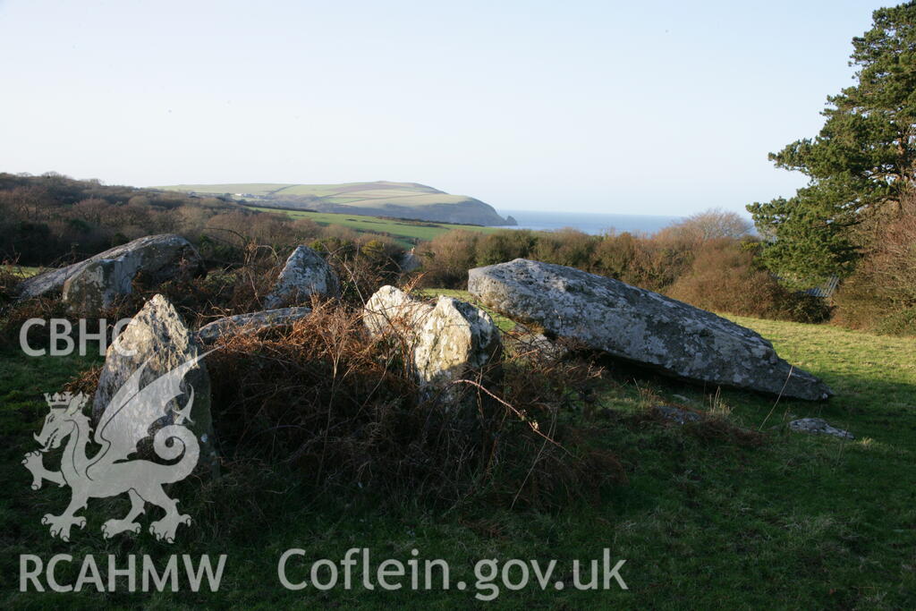 Cerig Y Gof Bronze age tomb looking towards Dinas Island