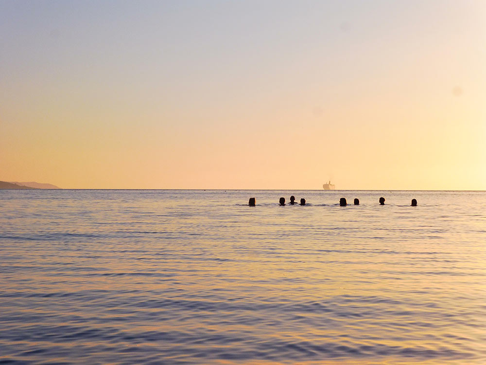 A group of people enjoying a sunset swim. A group of people enjoying a sunset swim