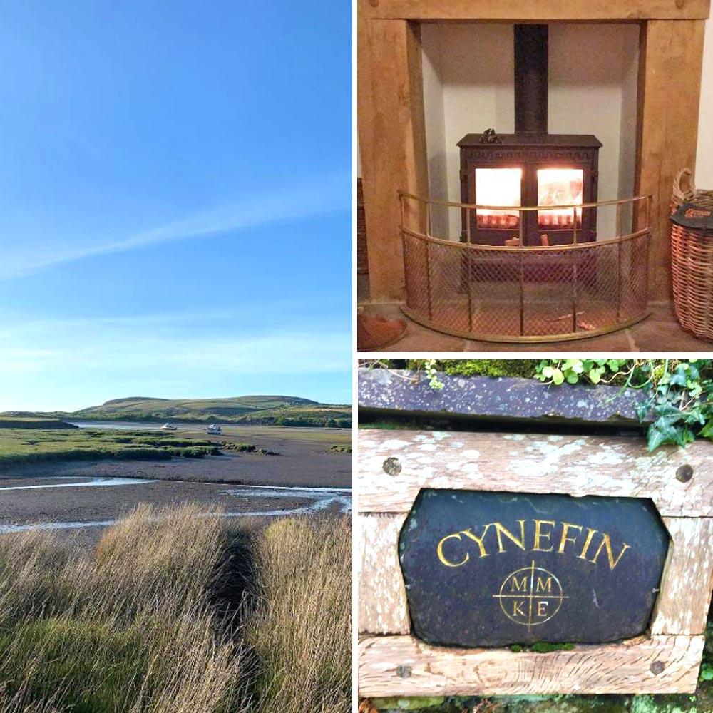 Newport Sands dunes, a wood burner, and the sign for Cynefin Newport Sands dunes, a wood burner, and the sign for Cynefin